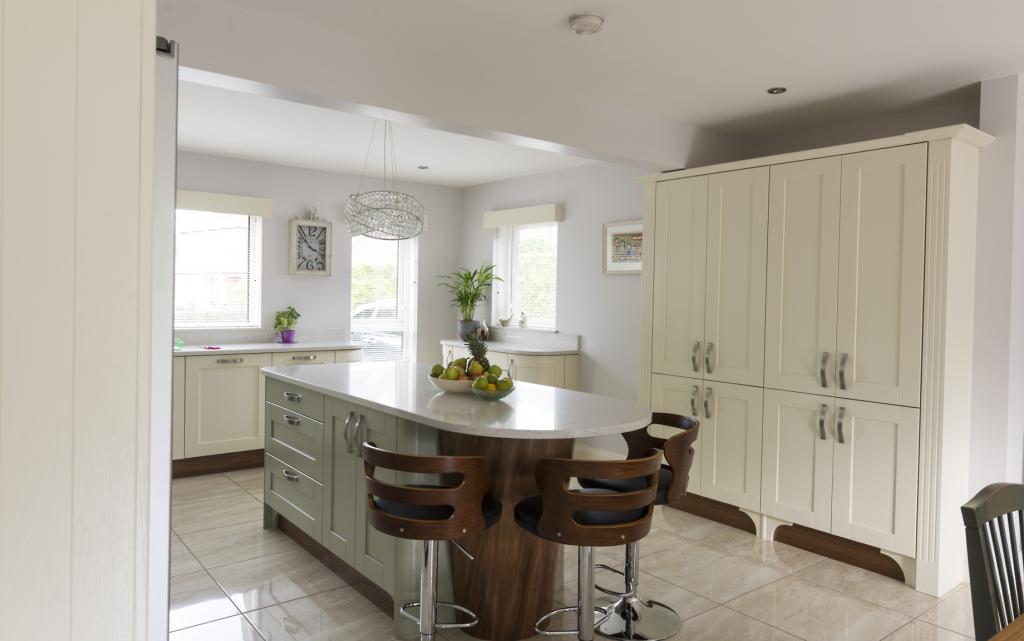 Ivory Shaker Kitchen With Sage Green Island